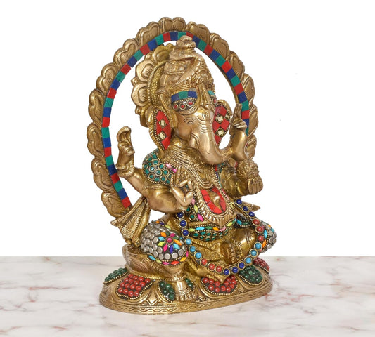 Handcrafted Multicolor Brass Ganesha Idol with Decorative Arch for Home Temple – 10 Inch