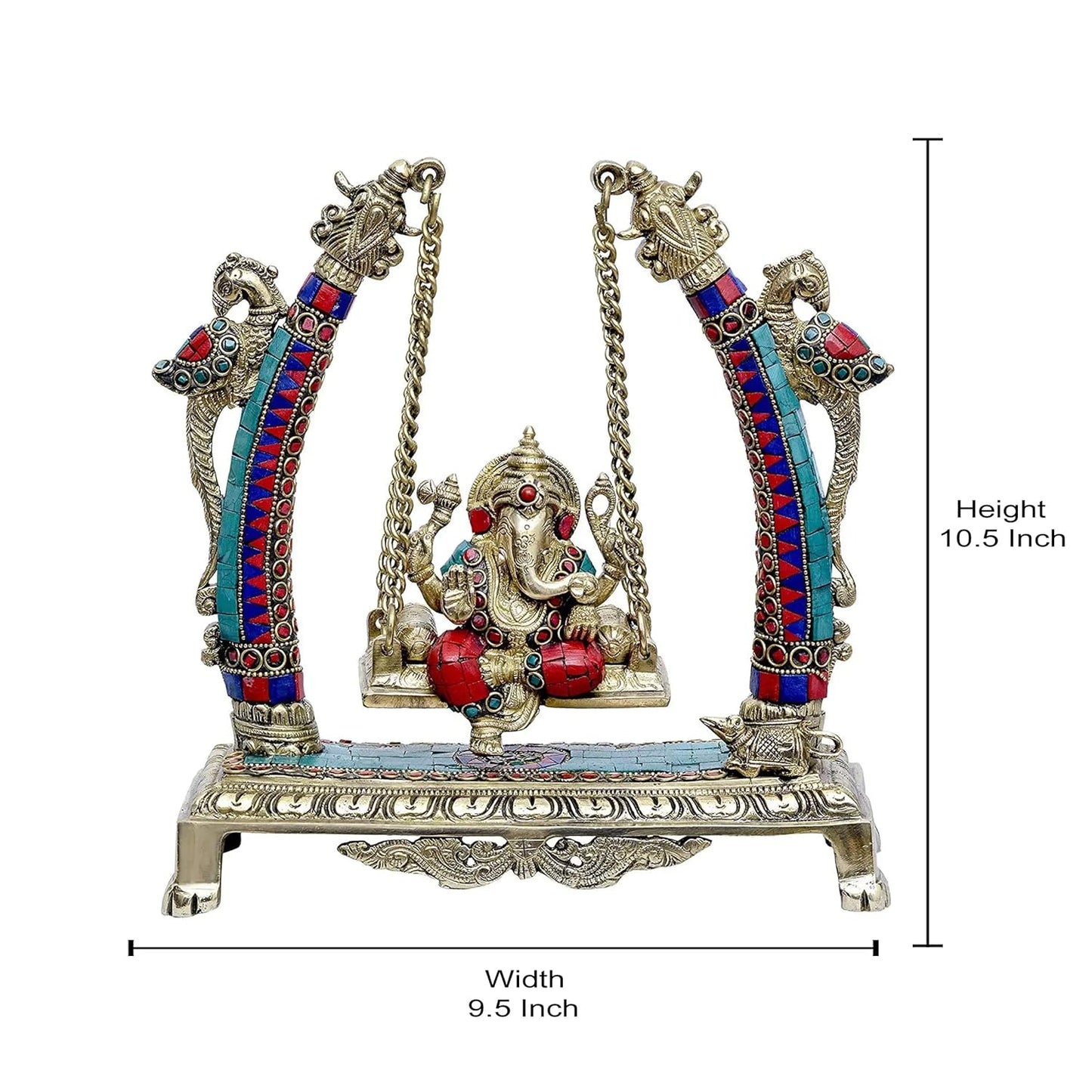 Brass Ganesha with Parrots Sitting on a Swing Idol with Dimensions