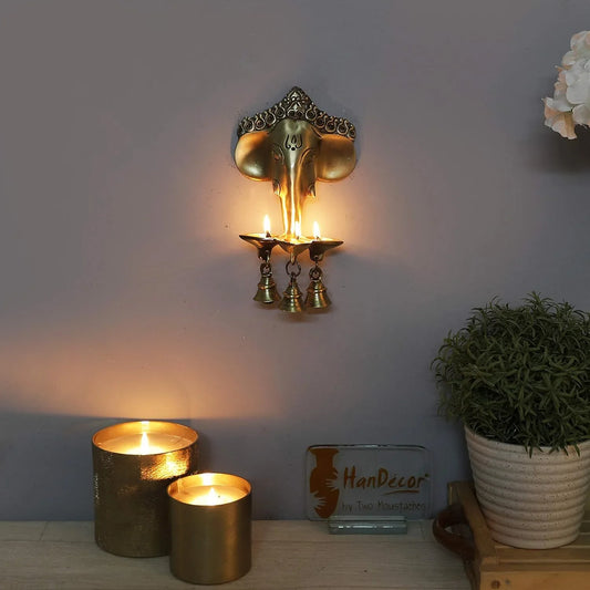 Crown Ganesh Brass Wall Hanging with 3 Diyas & Bells-ArtyCraftz.com