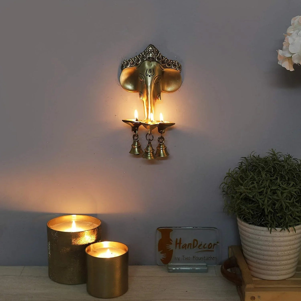 Crown Ganesh Brass Wall Hanging with 3 Diyas & Bells-ArtyCraftz.com