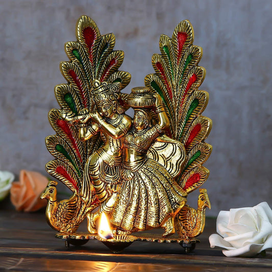 Peacock Design Radha Krishna Idol Showpiece with Diya for Puja and Home Decor (8 x 6 Inches), Metal, Gold