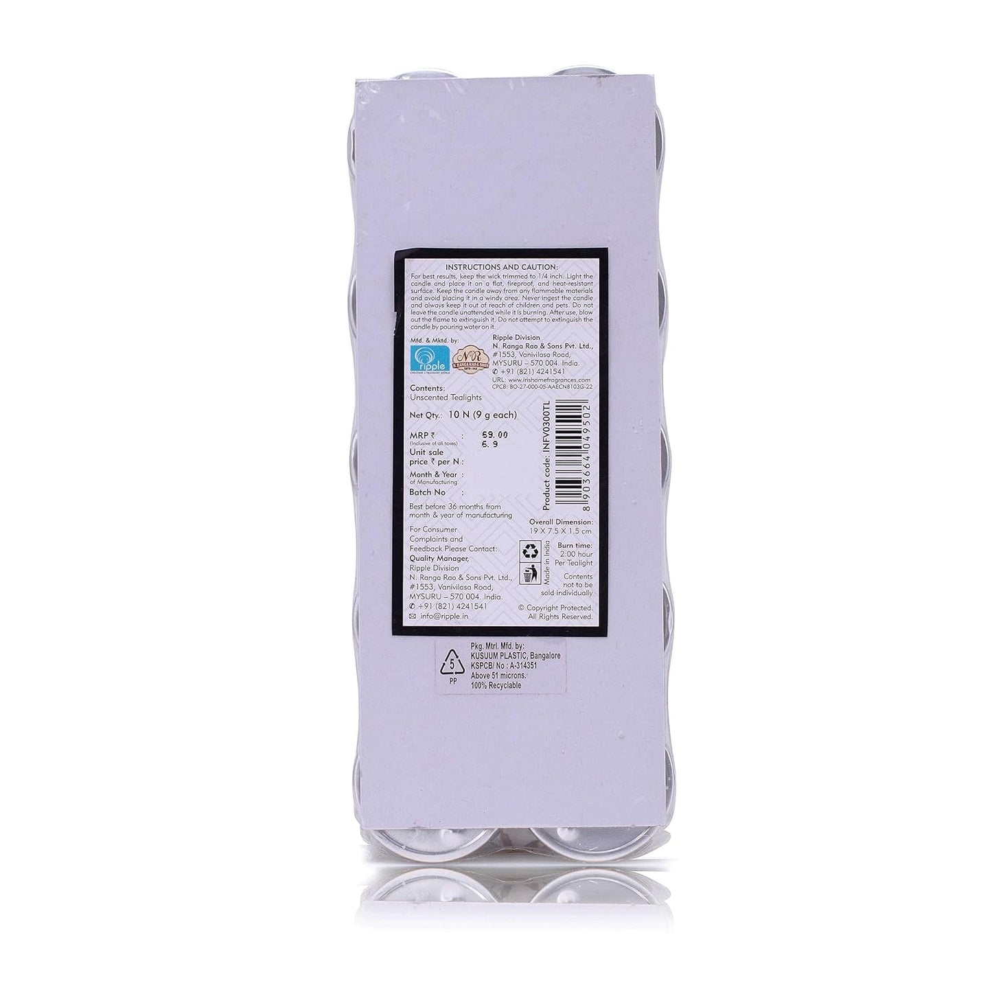 Unscented Palm Wax Tea Lights in a Uniformed Pack of 9 gram Each - Set of 10