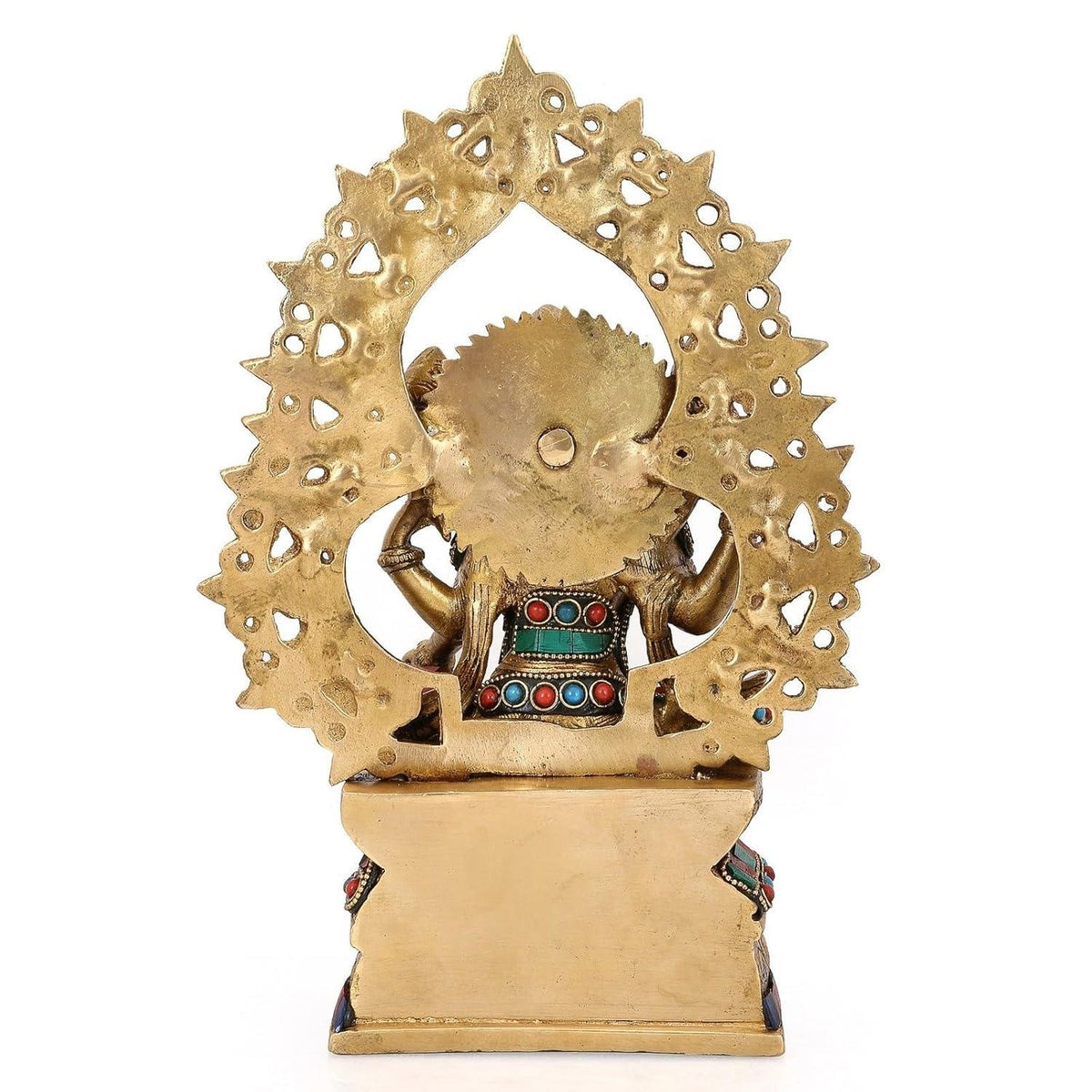 Handcrafted 10.5-inch solid brass Lakshmi and Ganesha idol pair — turquoise and coral stone inlay on garments and prabhavali arch, antique gold finish — premium Diwali set — ArtyCraftz