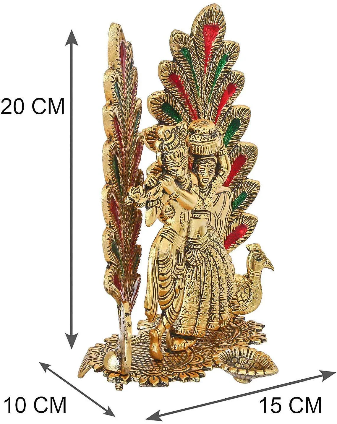 Peacock Design Radha Krishna Idol Showpiece with Diya for Puja and Home Decor (8 x 6 Inches), Metal, Gold