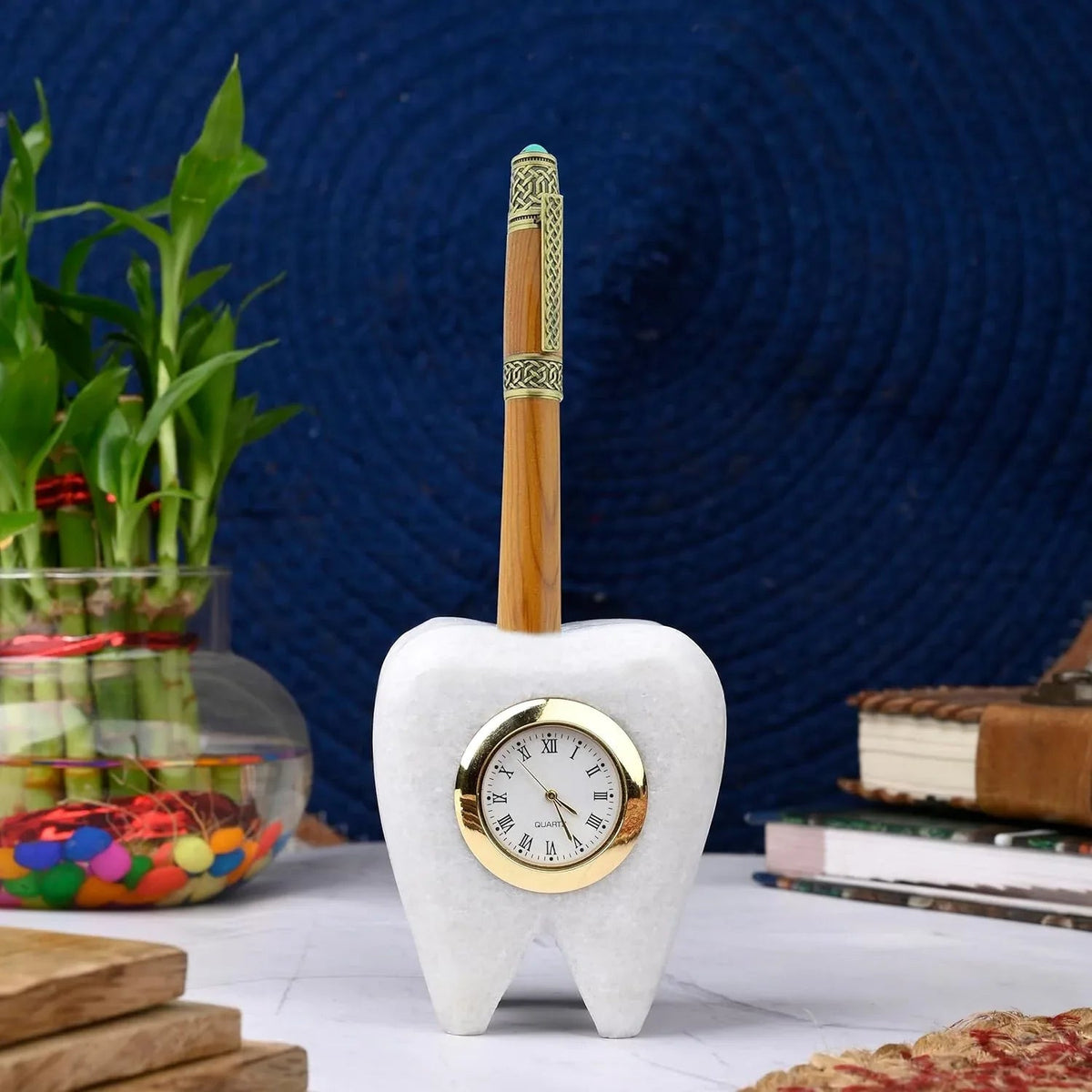Tooth Shaped Dentist Desk Marble Table Clock for Decor and Paper Weight, Gift for Dentists and Doctors (Clock with Pen Stand)