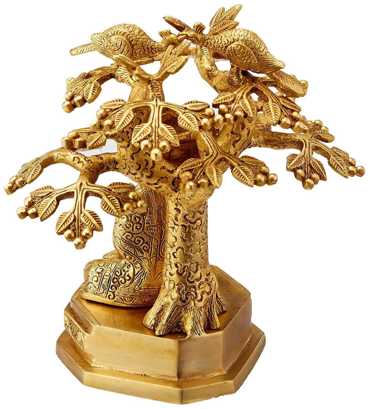 Brass Buddha Under The Bodhi Tree 9.5 Inches Statue In Back and Top View