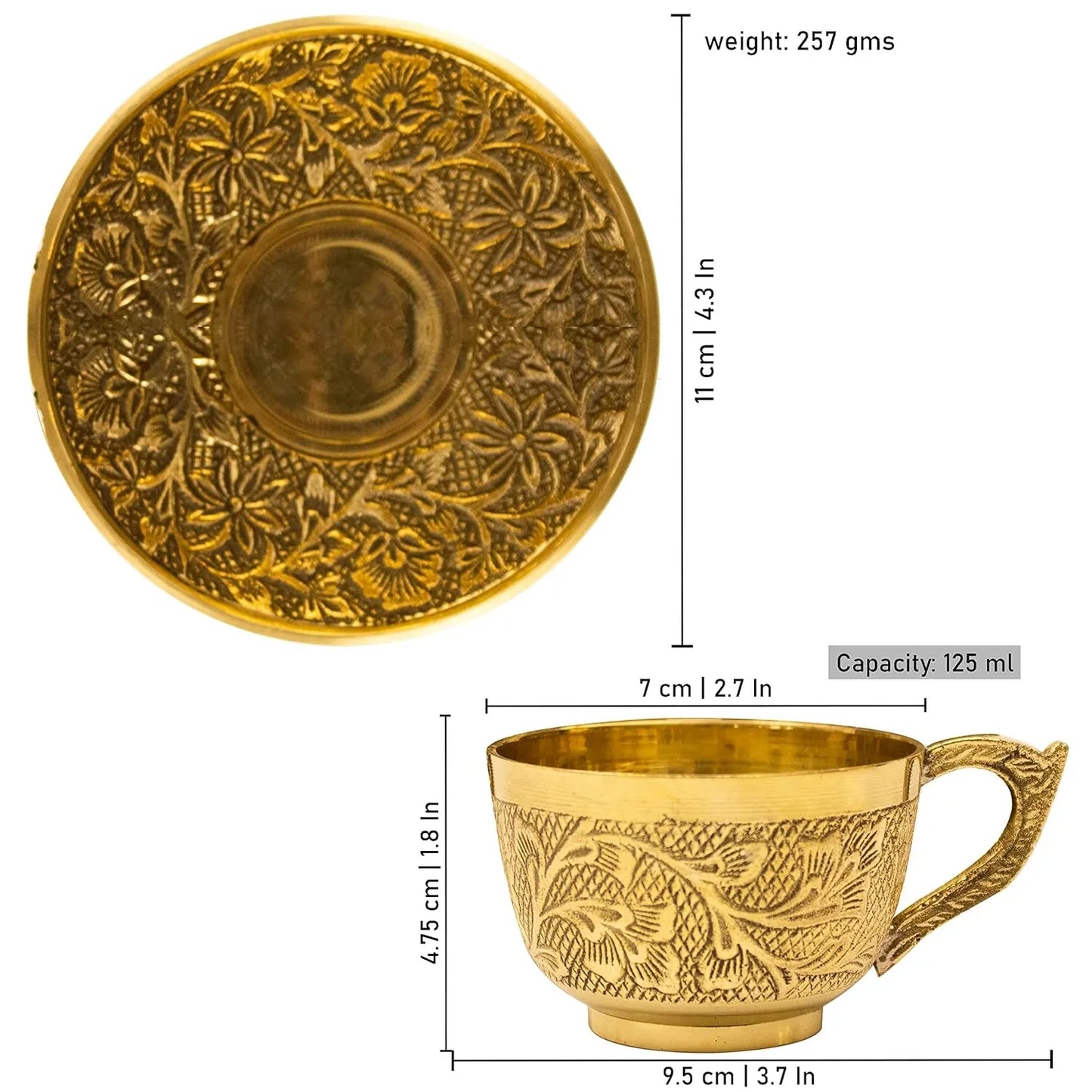 Luxury Handcrafted Brass Tea Cup with Engraved Saucer – 125 ML
