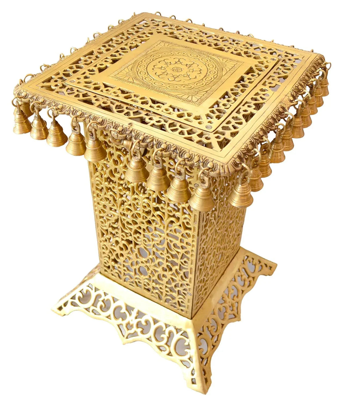 Brass Temple Pooja Chowki with Bells – Traditional Decorative Mandir Stool