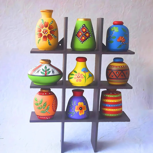 Handcrafted Miniature Clay Pot Set with Wooden Stand - ArtyCraftz.com