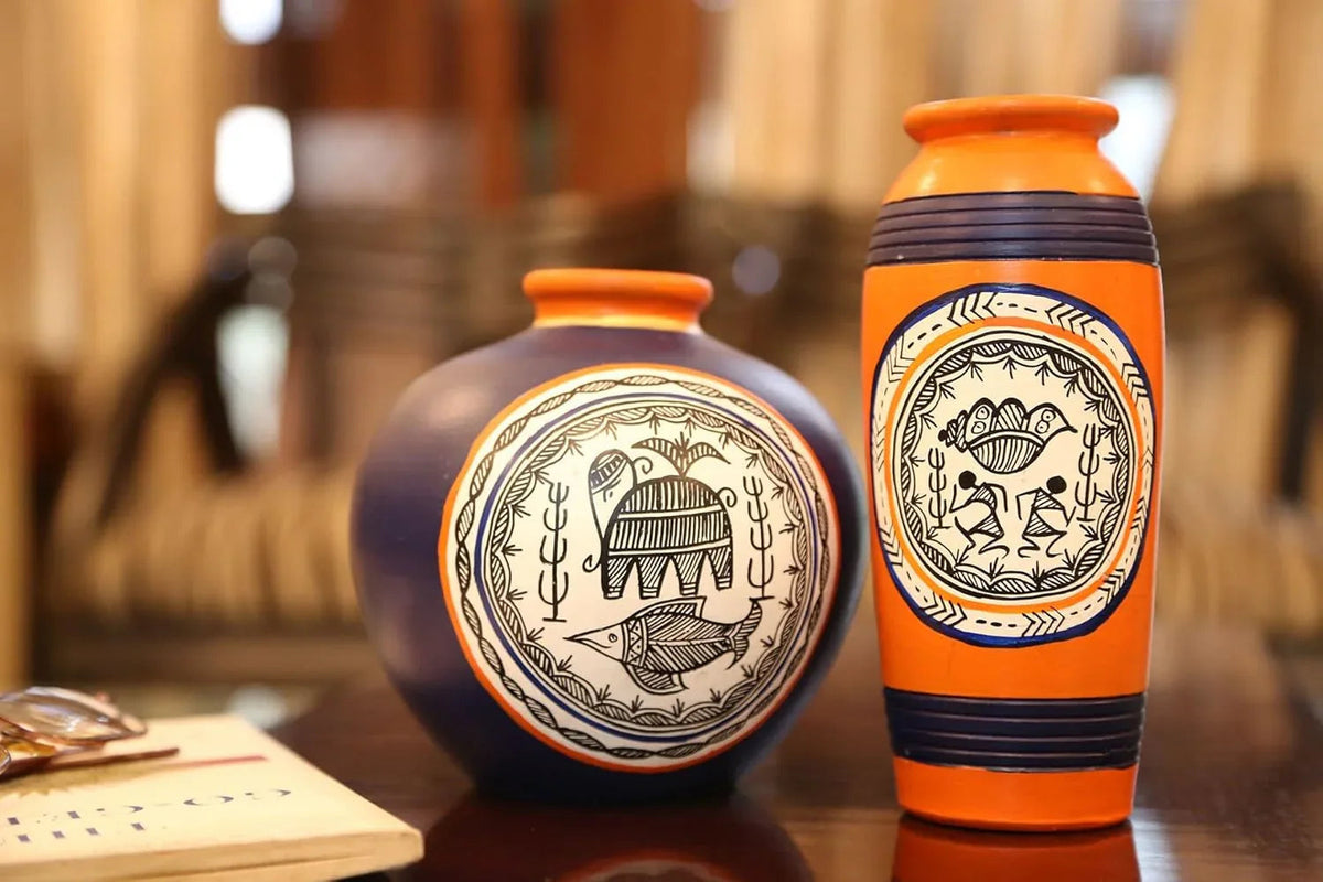 Combo Of Terracotta Handpainted Decorative Vase / Pots Orange & Blue Set Of 2