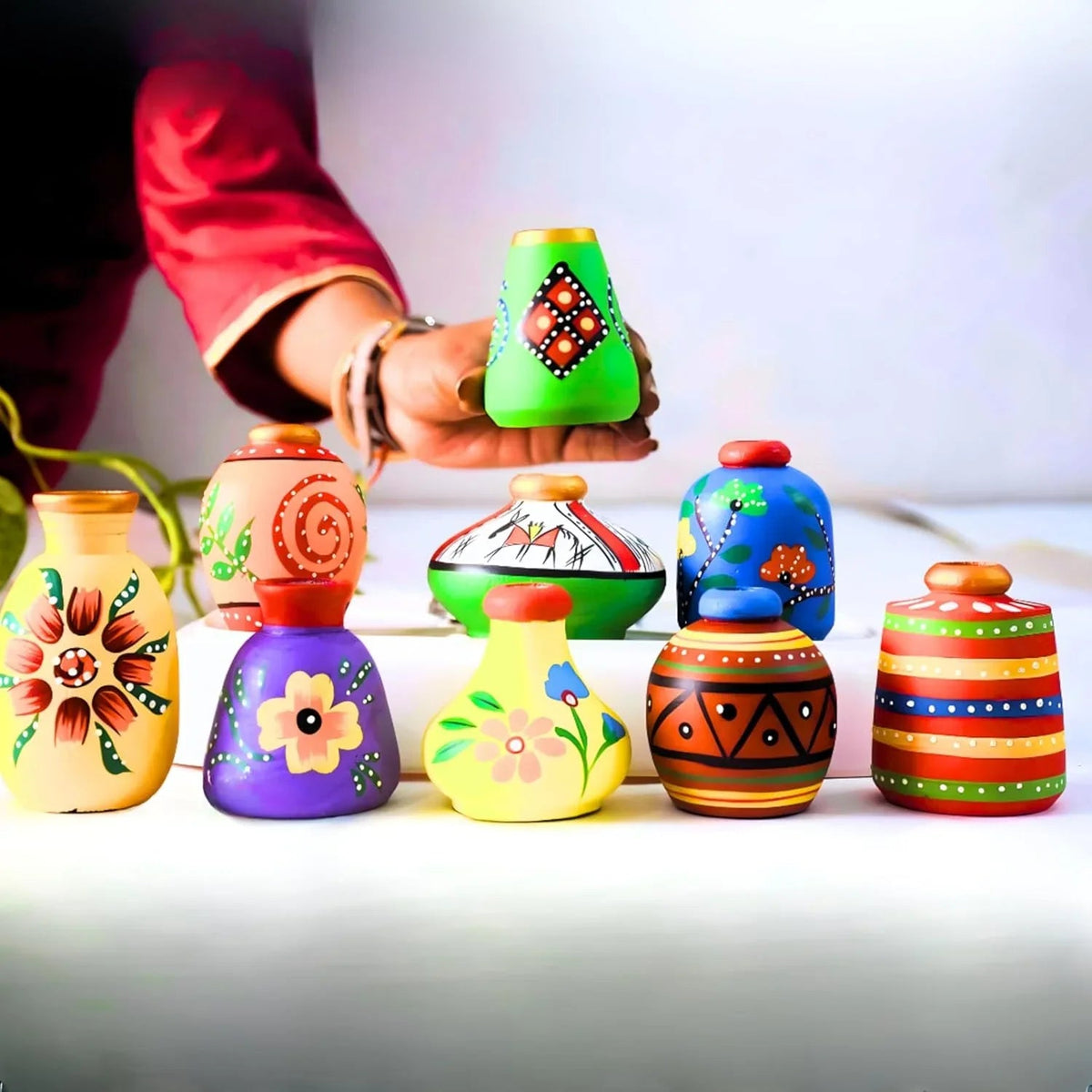 Handcrafted Miniature Clay Pot Set with Wooden Stand