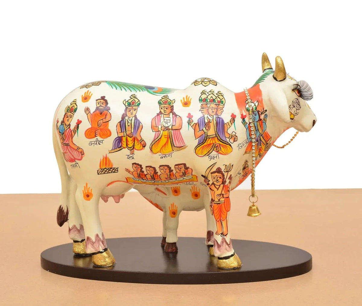 Resin Kamdhenu Cow with Calf — 8 Inch Hand-Painted Multicolour Statue with Hindu Deities