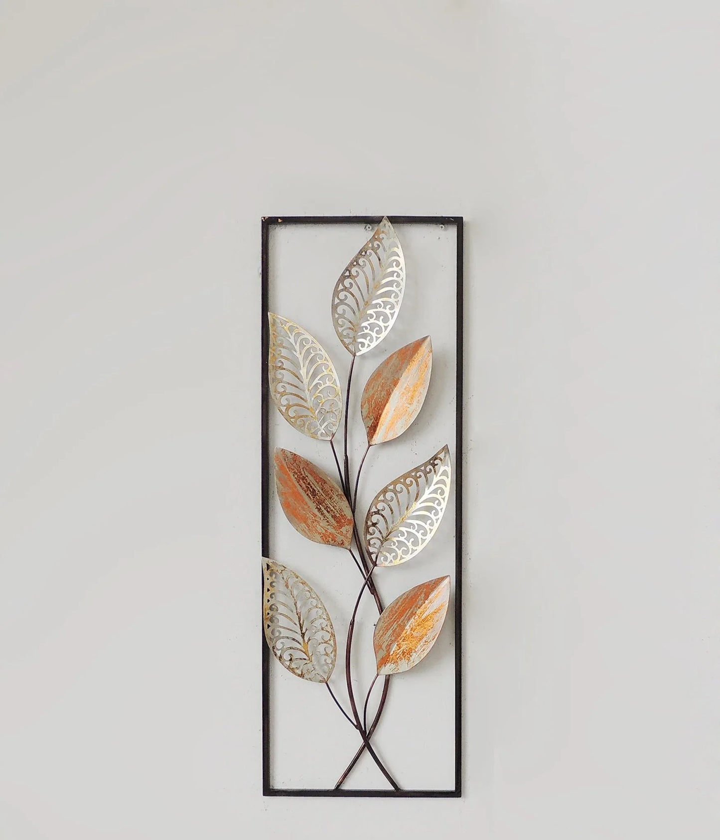 Orange Leaves Metal Wall Decor with Frame 12"x36