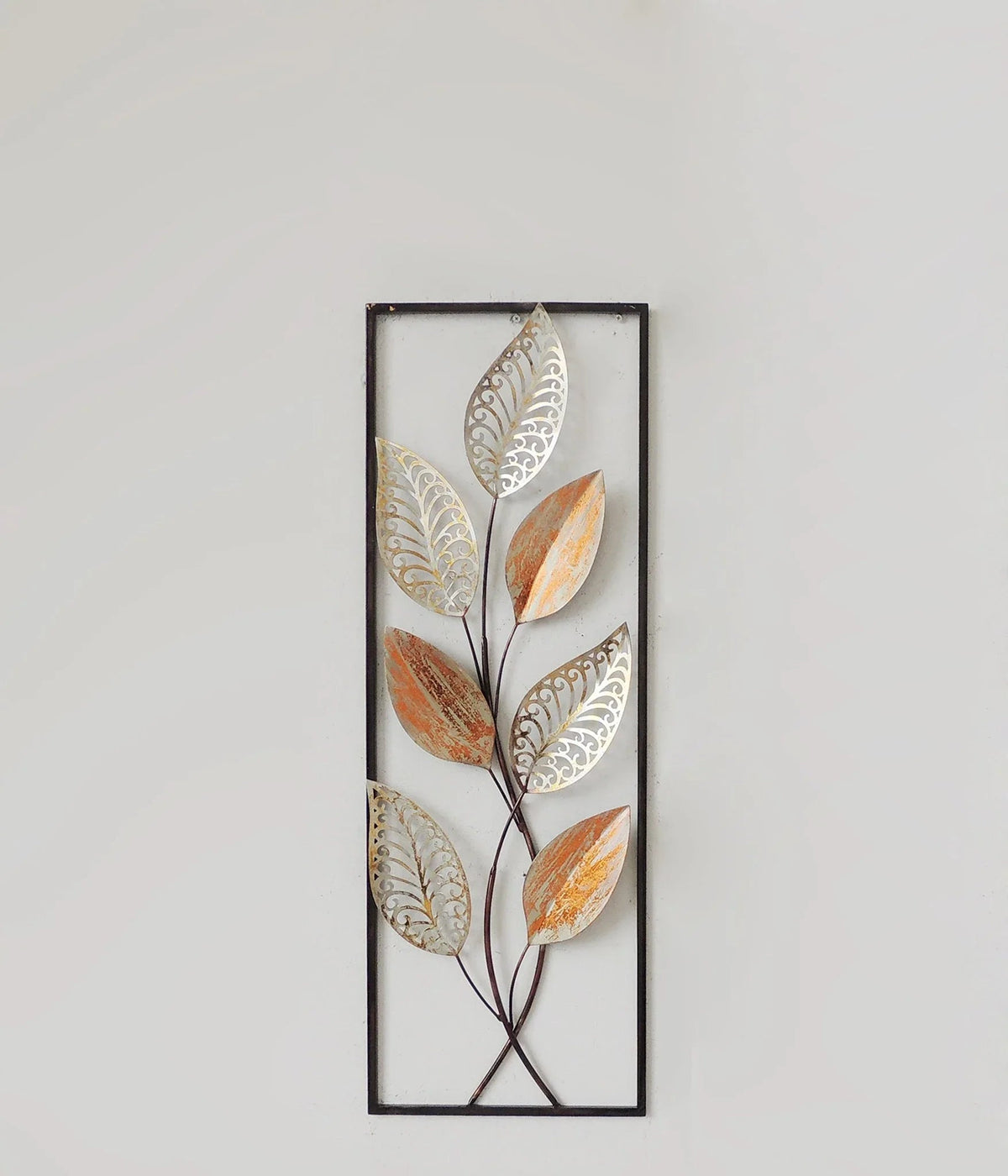 Orange Leaves Metal Wall Decor with Frame 12"x36