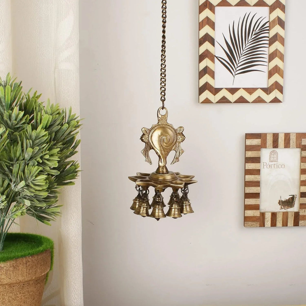 Brass Shankh hanging lamp with 9 wicks and bells for pooja room décor-ArtyCraftz.com