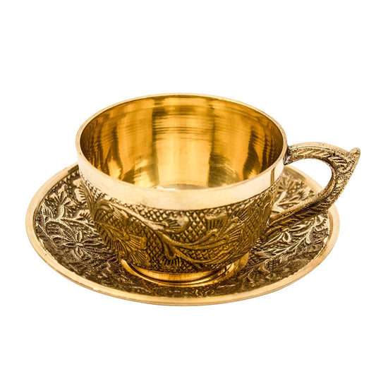 Luxury Handcrafted Brass Tea Cup with Engraved Saucer – 125 ML