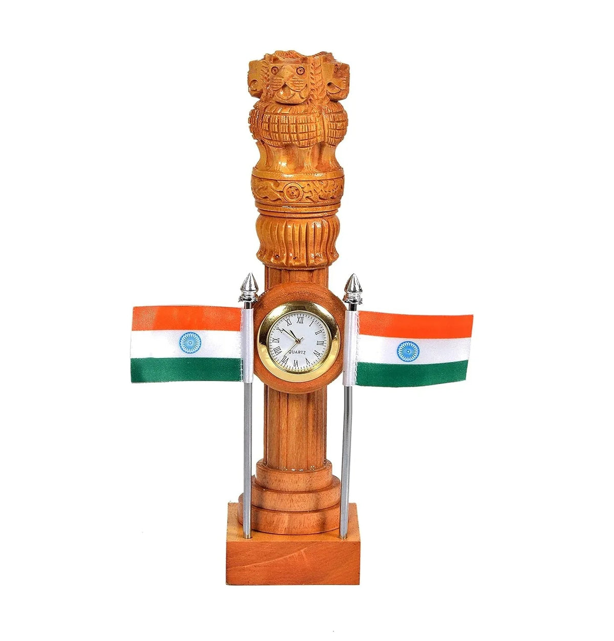 Wooden Ashoka Pillar Table Decor with Clock & Indian Flags – 9 Inch