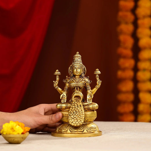 8" Brass Goddess Laxmi Showering Wealth Idol