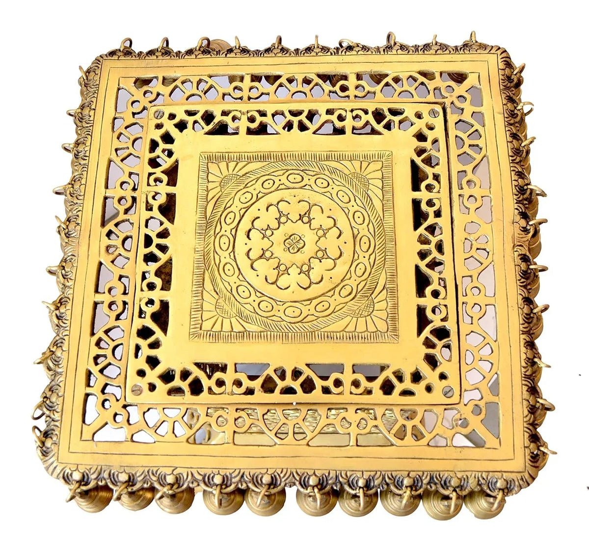 Brass Temple Pooja Chowki with Bells – Traditional Decorative Mandir Stool