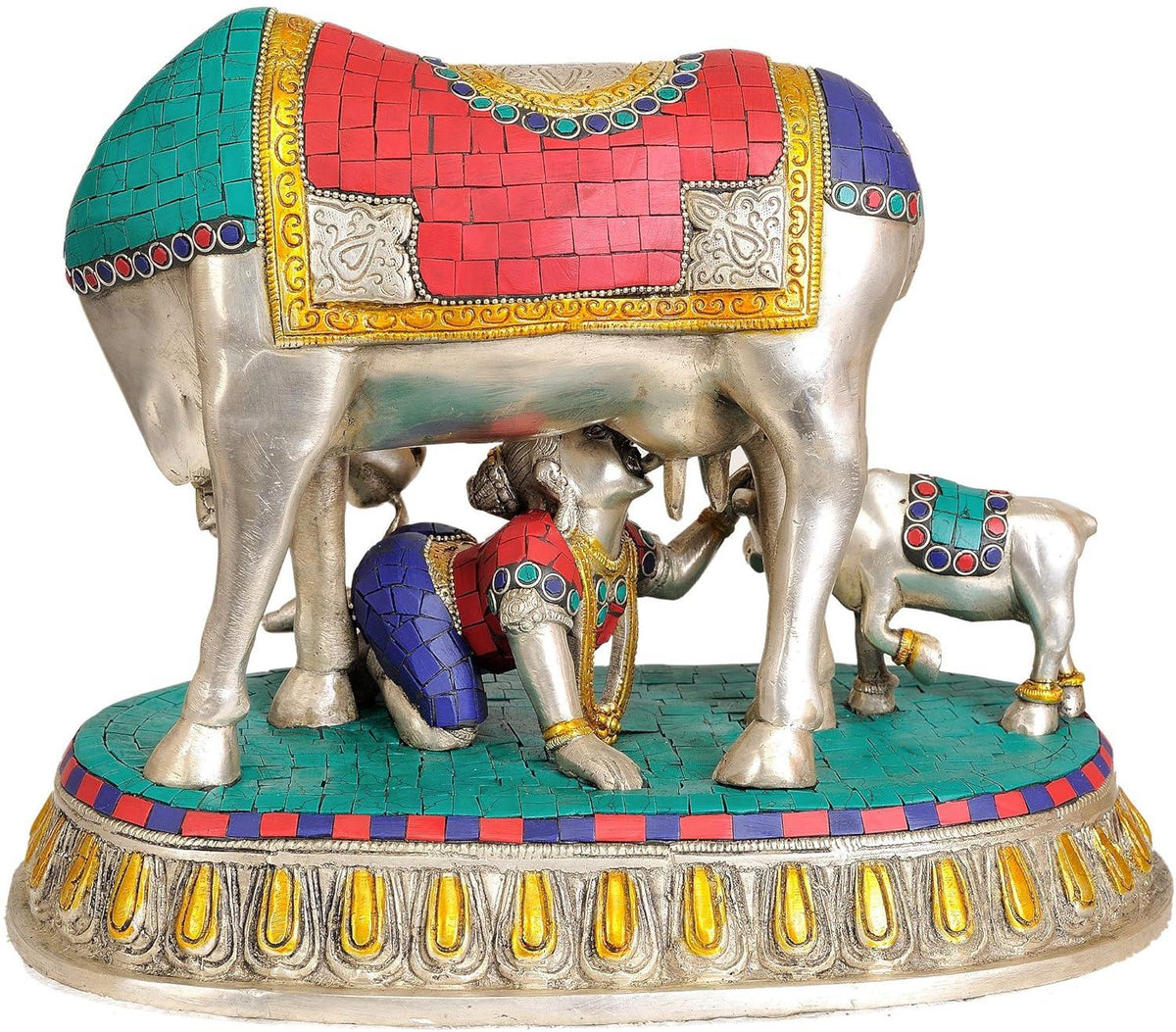 Brass Krishna with Cow & Calf Statue- ArtyCraftz.com