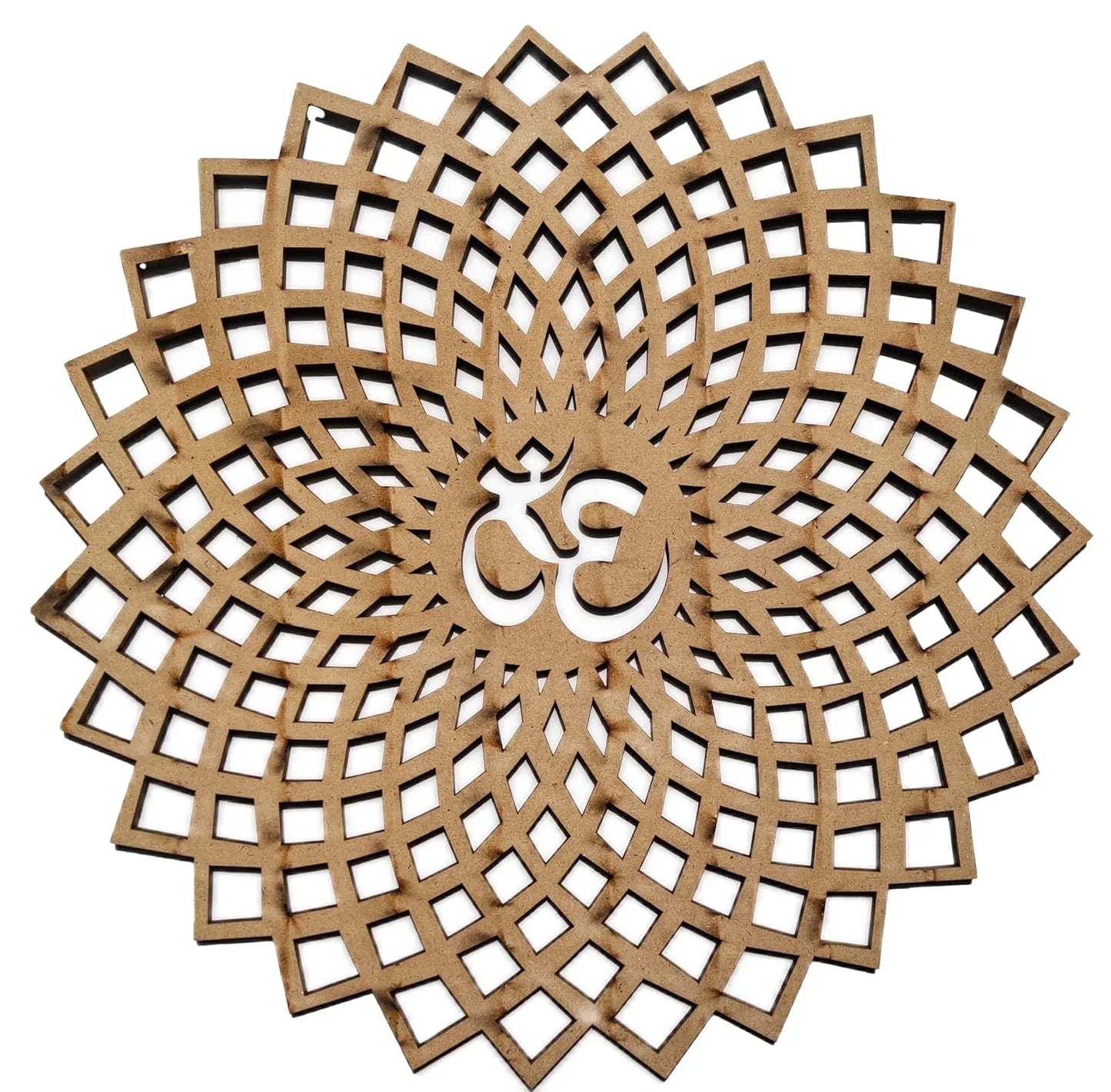 Wooden decorative panel with geometric pattern and om symbol back view