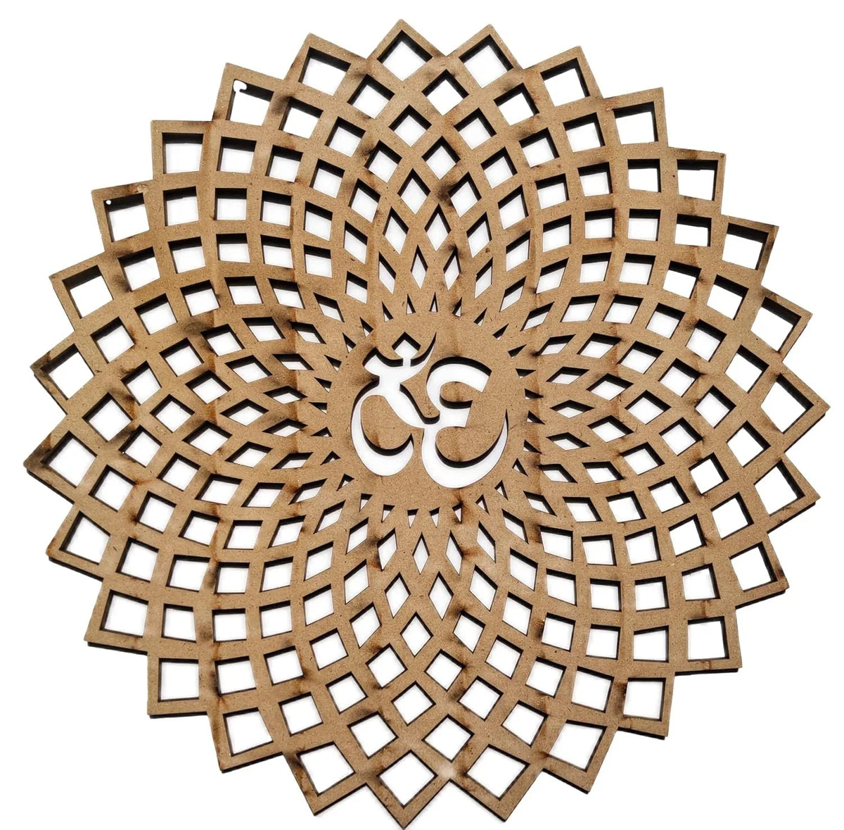 Wooden decorative panel with geometric pattern and om symbol back view