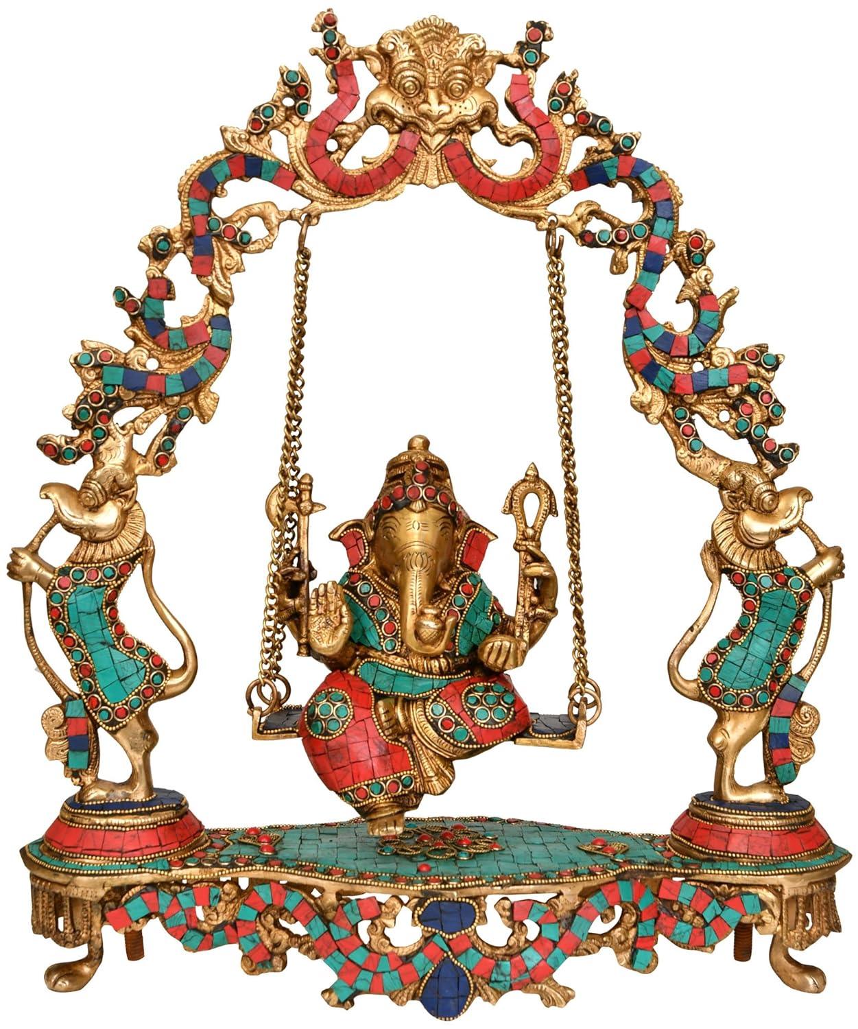 Brass Ganesha on a Jhula Statue with Beautiful Kirtimukha Panel