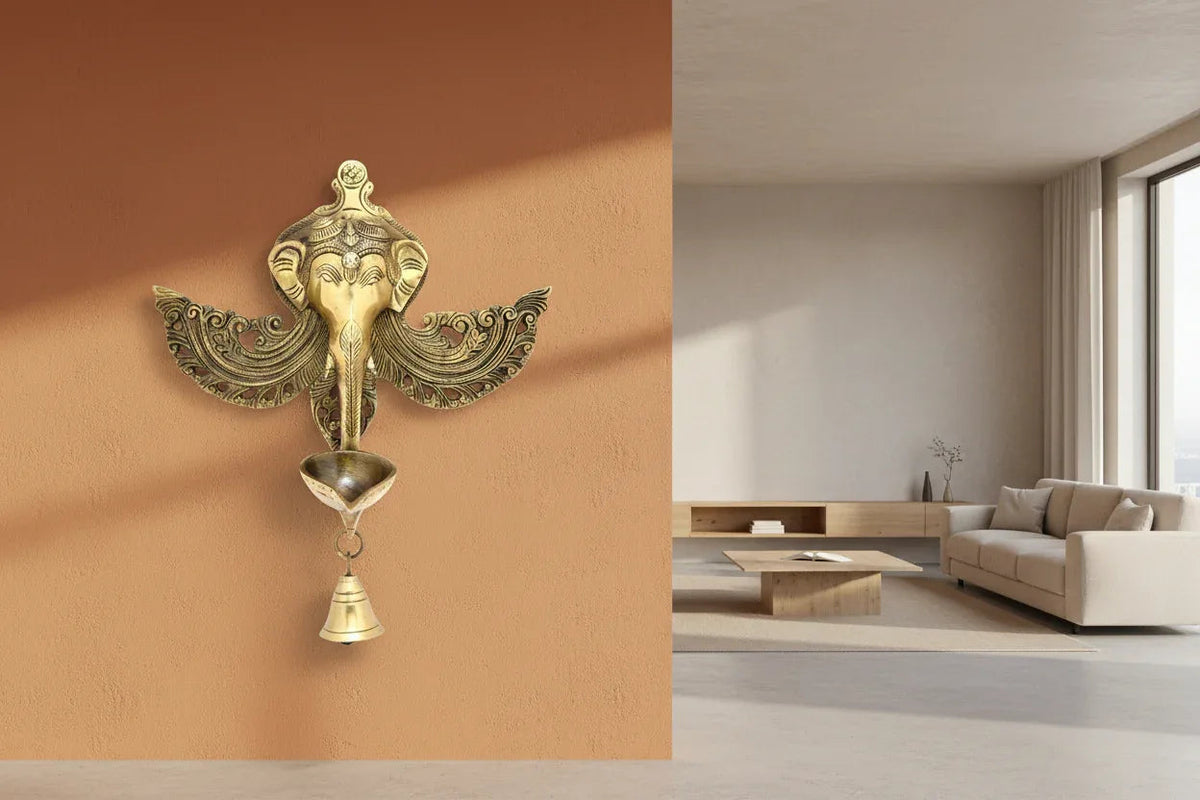 Brass Winged Ganesh Wall Hanging Lamp-ArtyCraftz.com