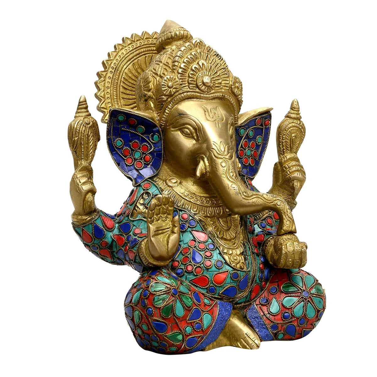 Handcrafted Brass Ganesha Statue with Colorful Inlay Work Premium Home Temple Idol (9.5 Inch)