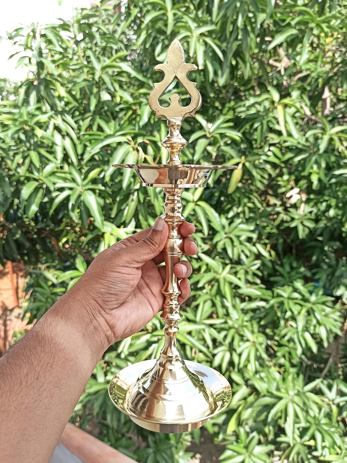 Brass lamp held by a hand with green foliage in the background