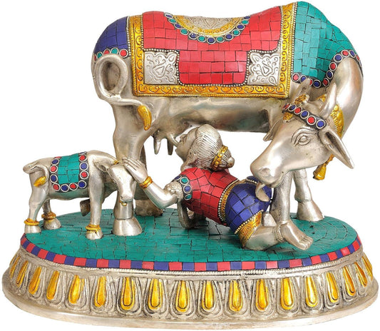 Brass Krishna with Cow & Calf Statue- ArtyCraftz.com
