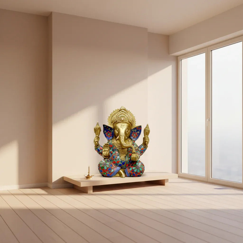 Handcrafted Brass Ganesha Statue with Colorful Inlay Work Premium Home Temple Idol (9.5 Inch)
