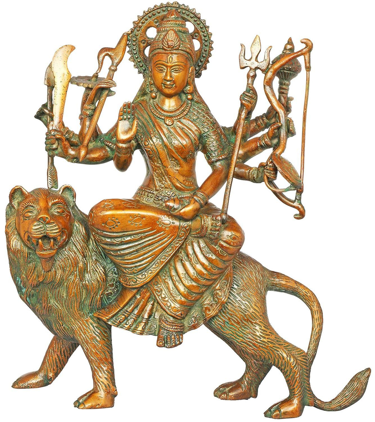 Brass Durga Mata on Lion 11.5 Inch Handcrafted Eight-Armed Sherawali Statue | Antique Copper & Green Two-Tone | Temple Grade