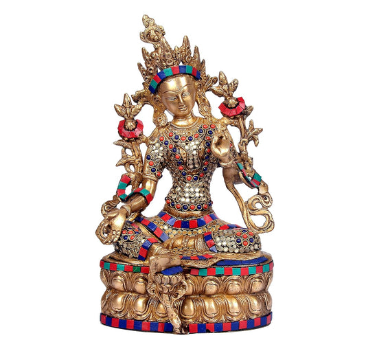 Brass Goddess Tara Idol with Stone Inlay-ArtyCraftz.com