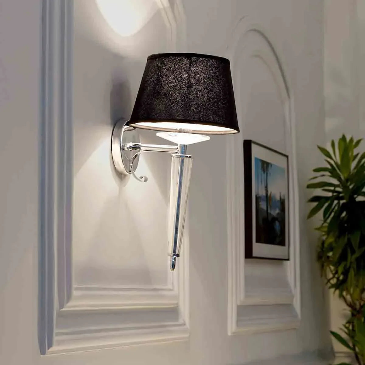 Aberdeenshire Glass Shiny Brass Wall Light Black Cotton Shade - ArtyCraftz.com