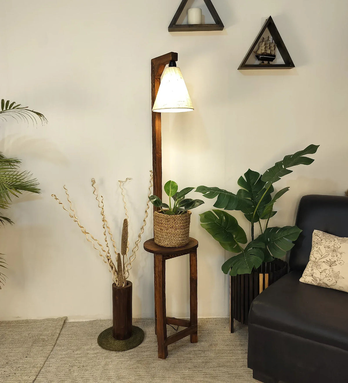 Accent Wooden Floor Lamp with Brown Base and Beige Fabric Lampshade - ArtyCraftz.com