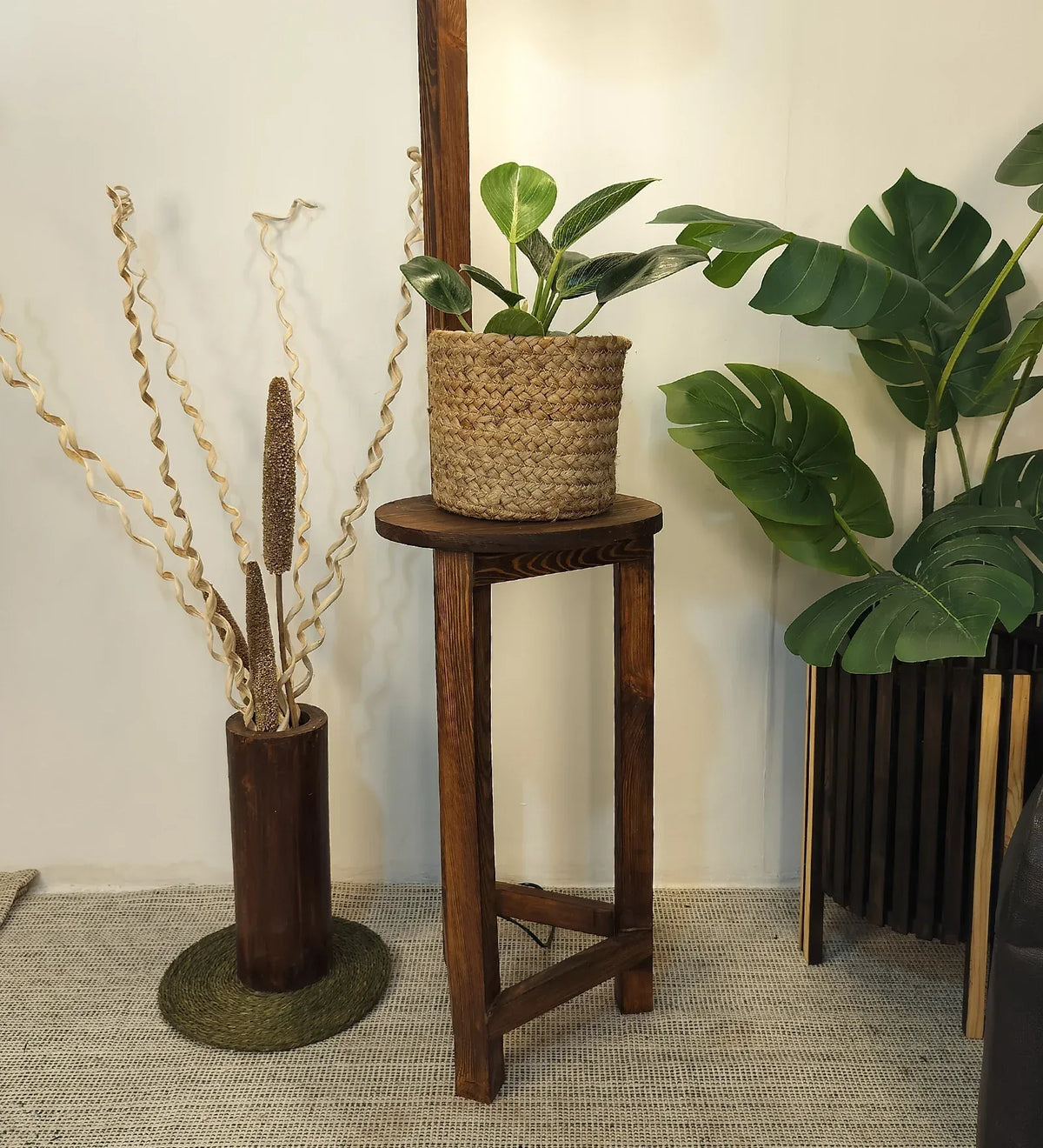 Accent Wooden Floor Lamp with Brown Base and Beige Fabric Lampshade - ArtyCraftz.com