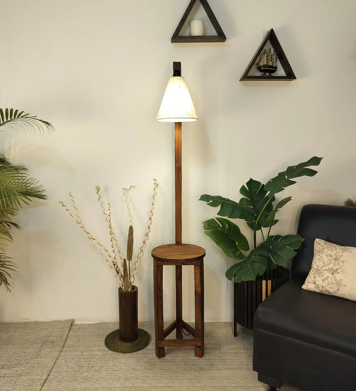 Accent Wooden Floor Lamp with Brown Base and Beige Fabric Lampshade - ArtyCraftz.com