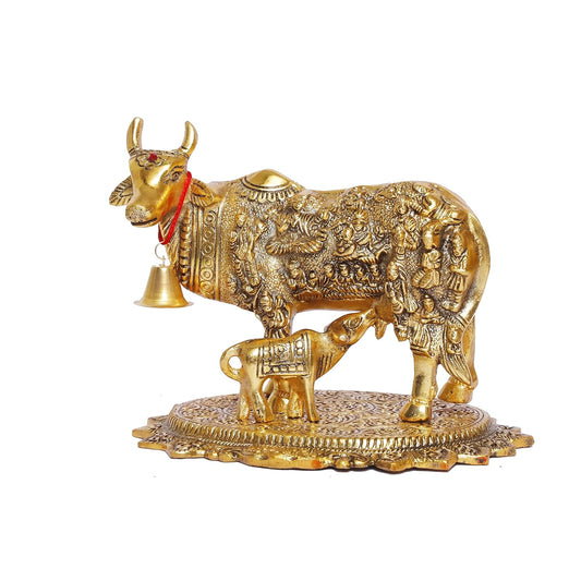 Aluminium Cow and Calf Statue with Gold-Tone Finish and Intricate Traditional Embossed Details, 23 cm-artycraftz.com