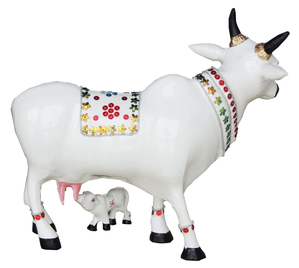 Aluminium White Cow and Calf Statue with Colorful Decorative Patterns, 12.5 Inch-artycraftz.com