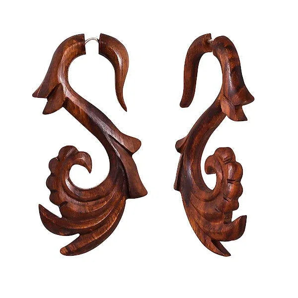 Angel Wing Carved Fake Gauge Talon Spiral Tribal Earrings 3.2" - ArtyCraftz.com
