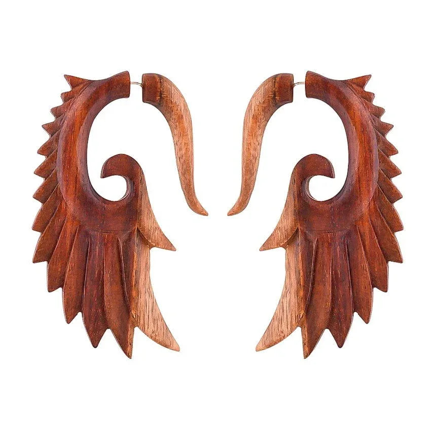 Angel Wing Carved Tribal Fake Gauge wooden Earrings 3.3" - ArtyCraftz.com