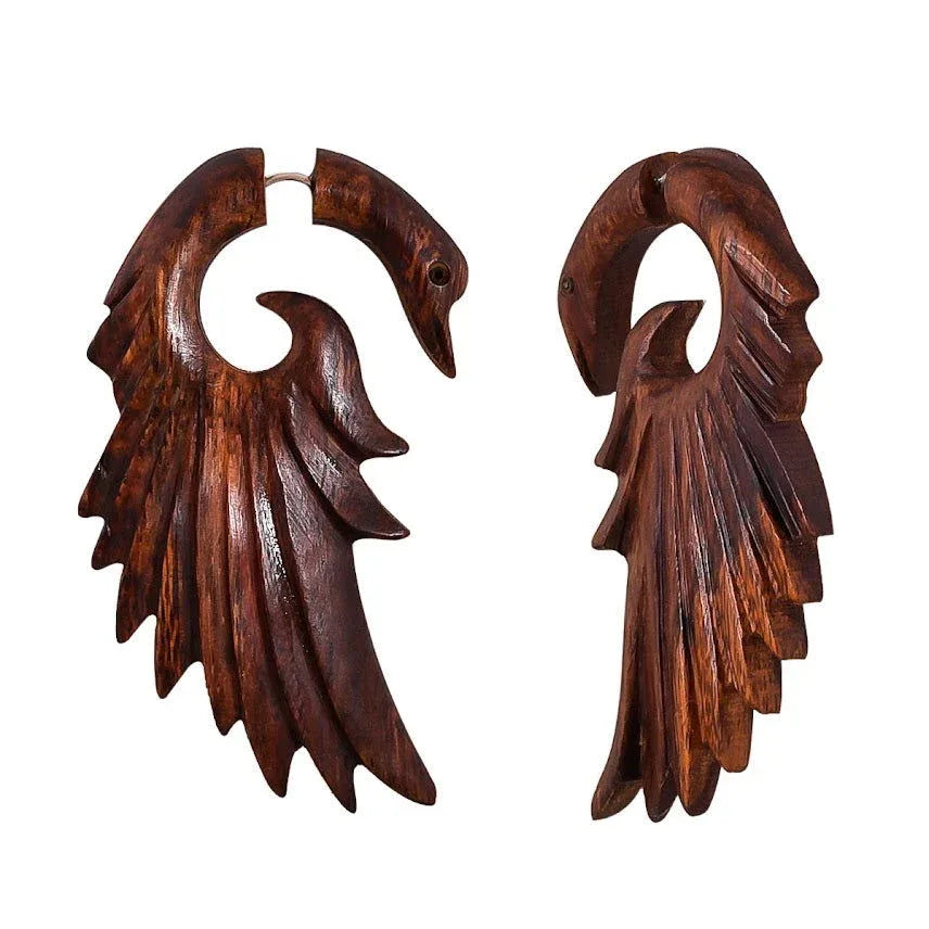 Angel Wing Fake Gauge Talon Tribal Wooden Earrings 2.8" - ArtyCraftz.com