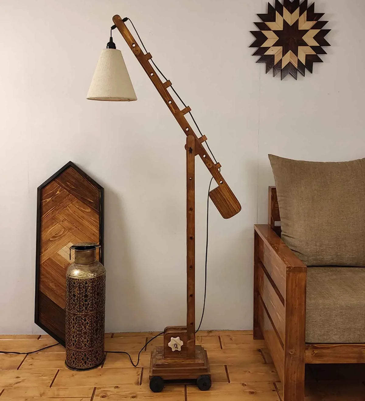 Angler Wooden Floor Lamp with Brown Base and Jute Fabric Lampshade-ArtuCraftz.com