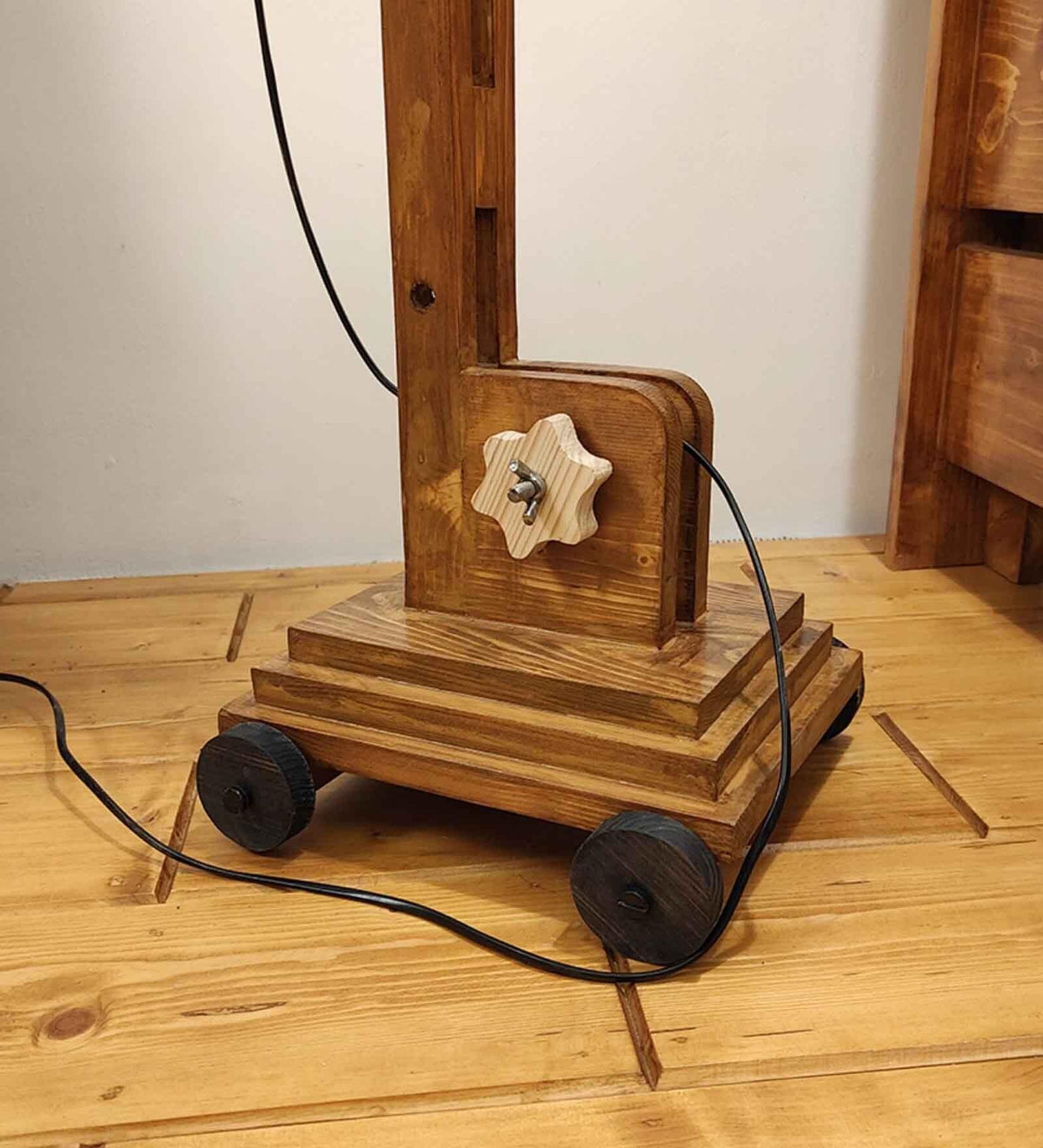 Angler Wooden Floor Lamp with Brown Base and Jute Fabric Lampshade-ArtyCraftz.com