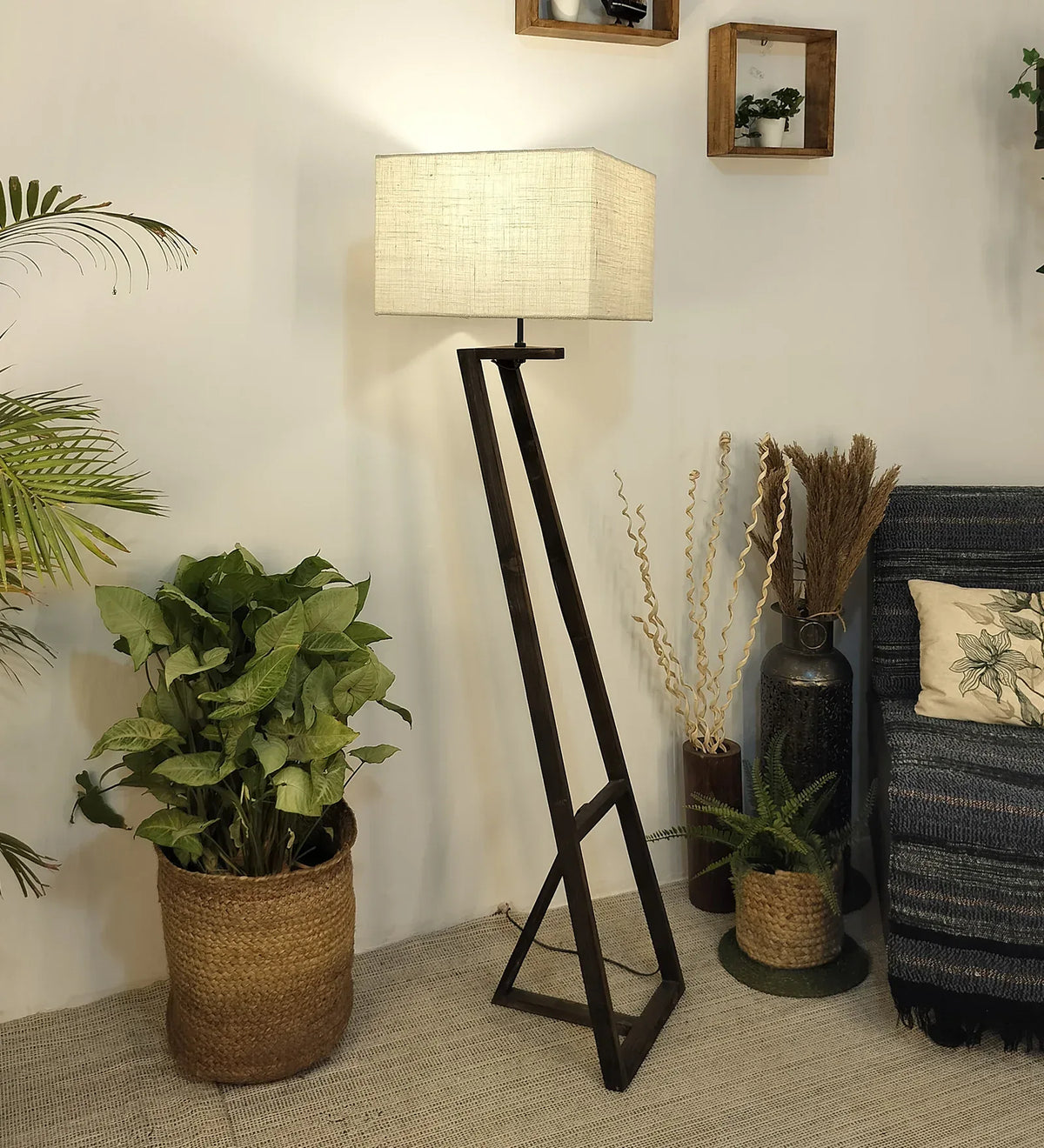 Angular Wooden Floor Lamp with Brown Base and Beige Fabric Lampshade - ArtyCraftz.com