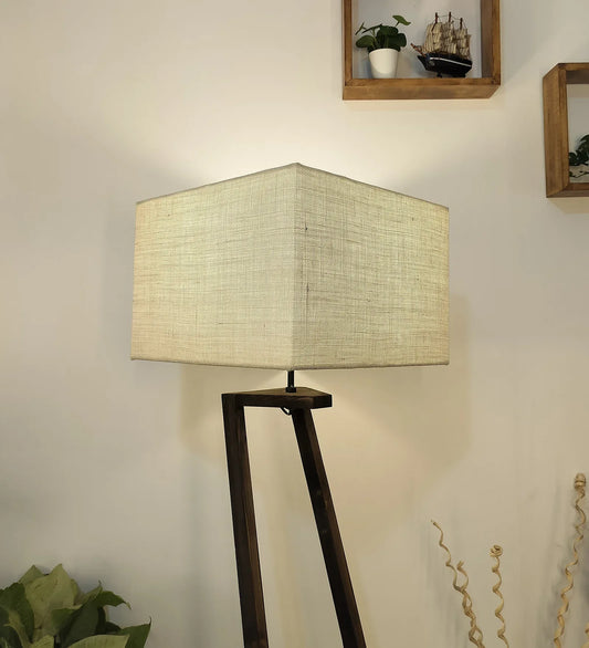 Angular Wooden Floor Lamp with Brown Base and Beige Fabric Lampshade - ArtyCraftz.com