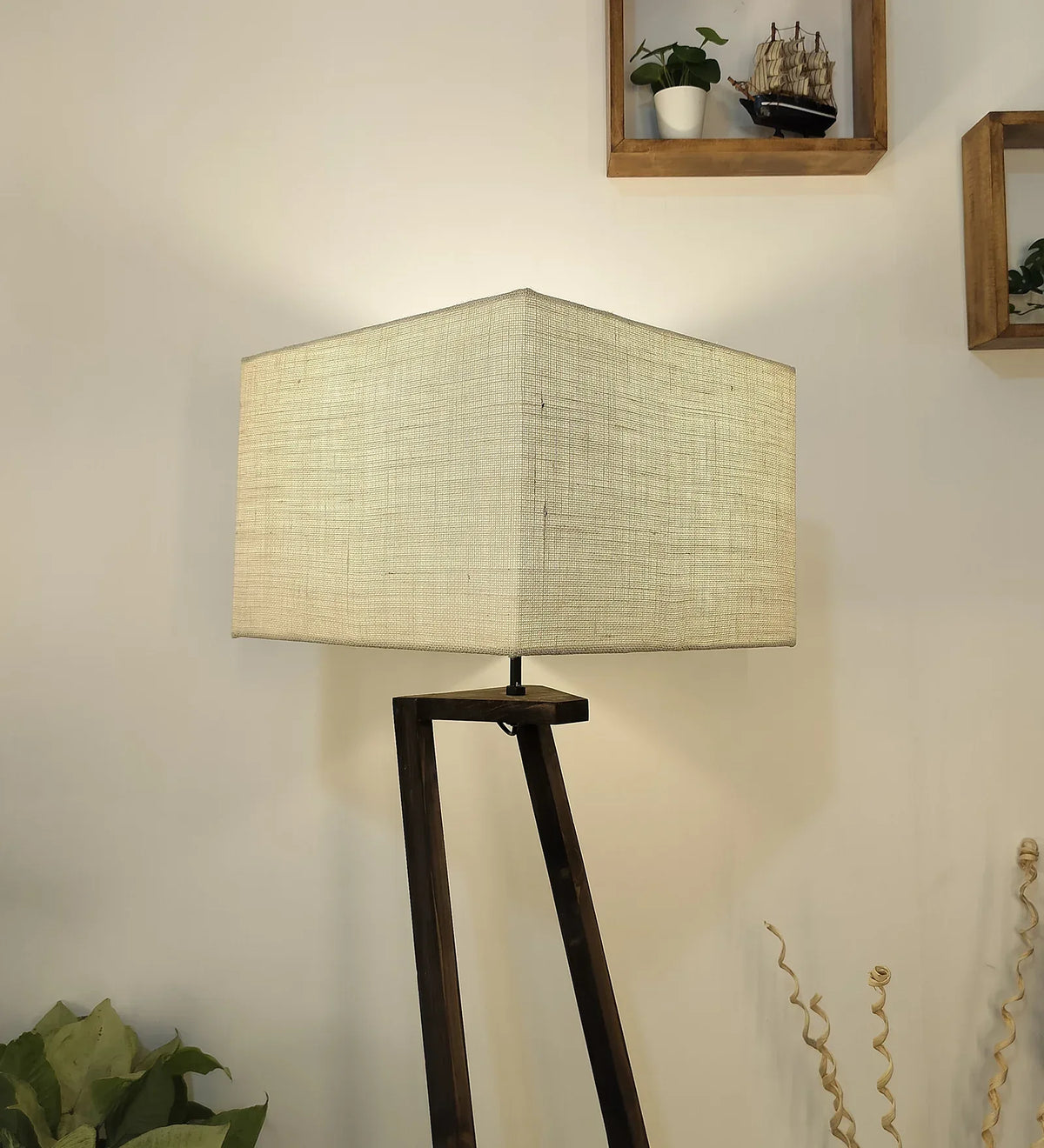 Angular Wooden Floor Lamp with Brown Base and Beige Fabric Lampshade - ArtyCraftz.com