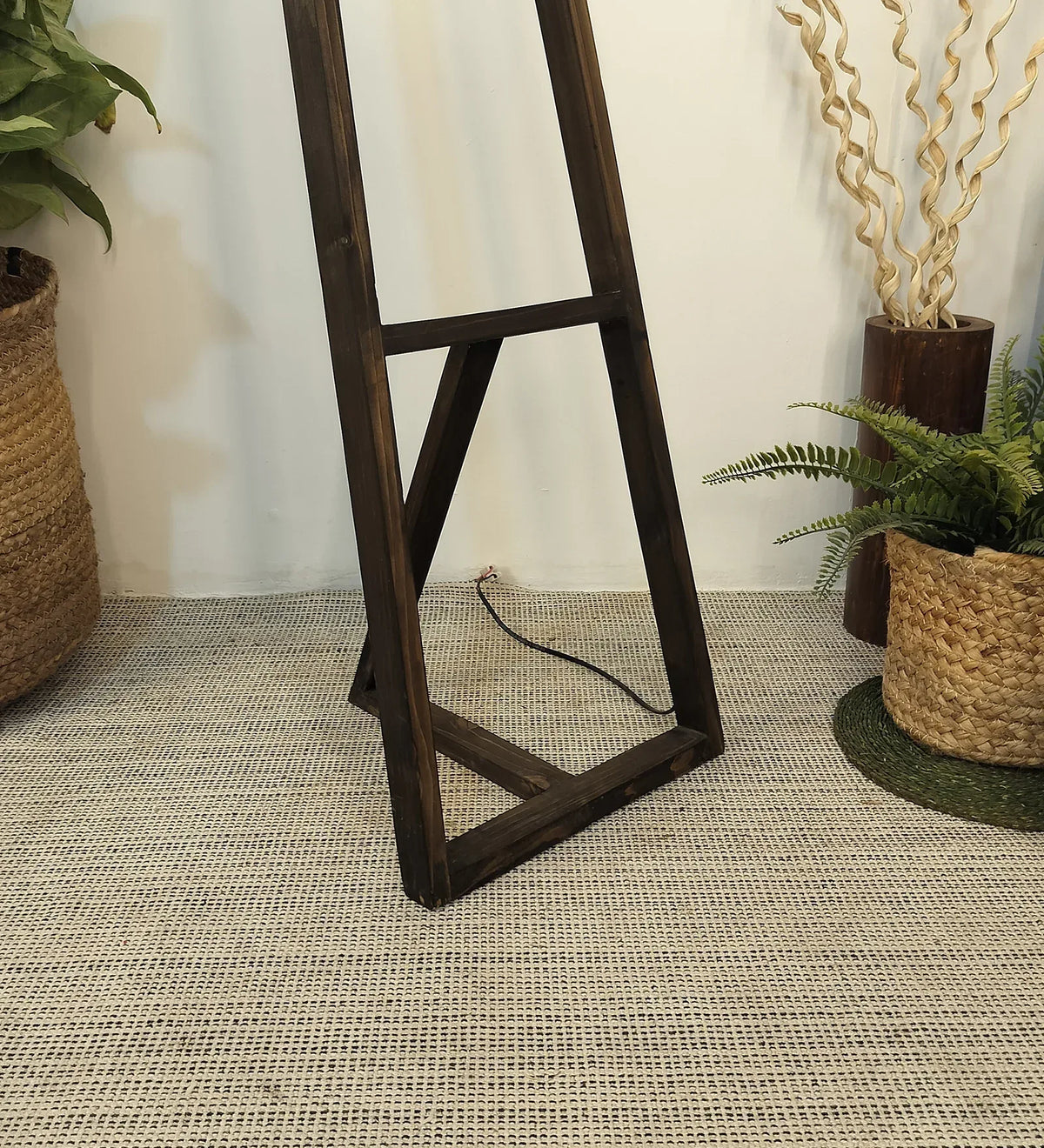 Angular Wooden Floor Lamp with Brown Base and Beige Fabric Lampshade - ArtyCraftz.com