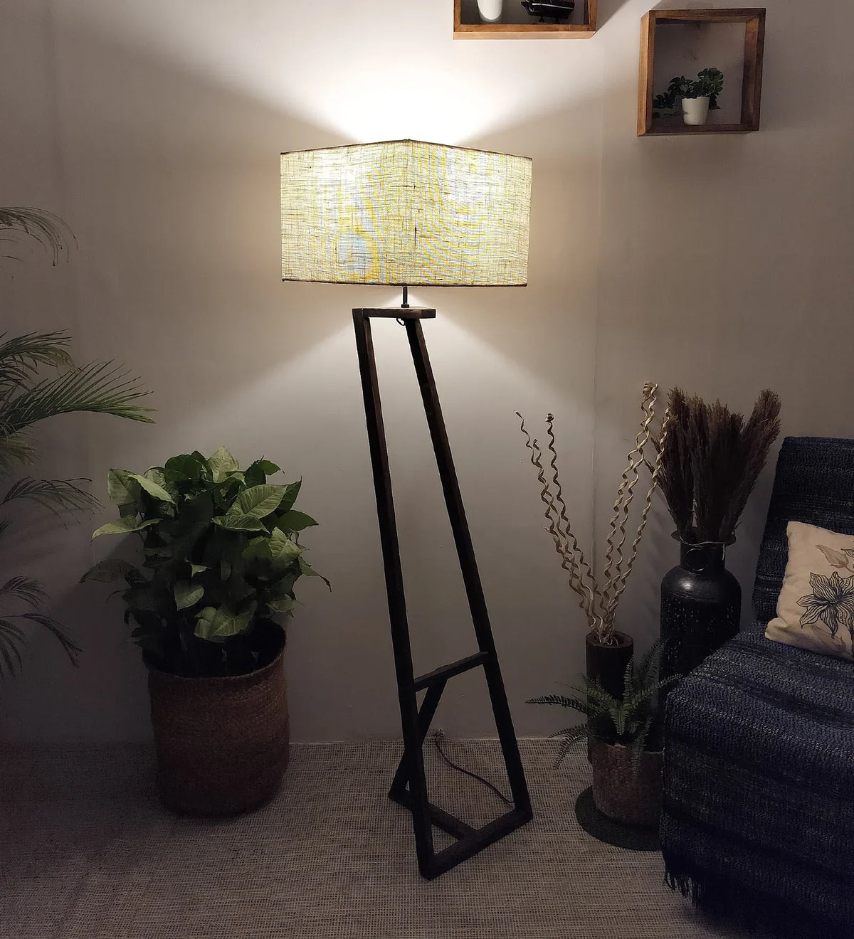 Angular Wooden Floor Lamp with Brown Base and Beige Fabric Lampshade - ArtyCraftz.com